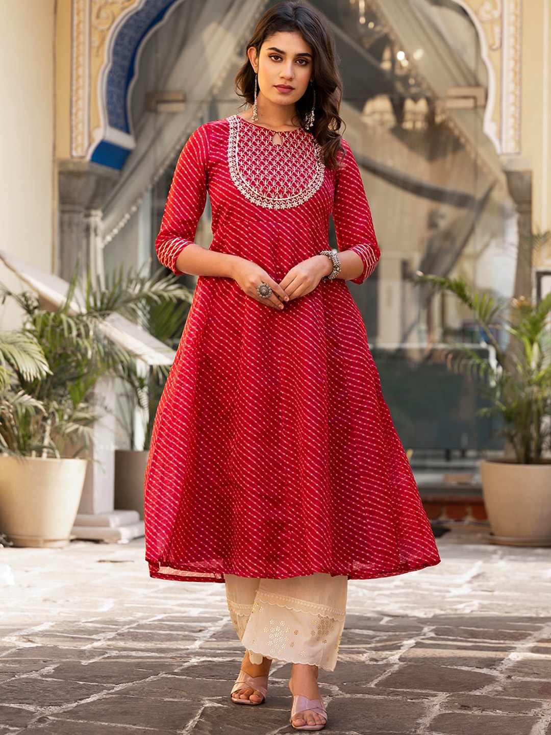 

Varanga Ethnic Motifs Printed Mirror Work Cotton A-Line Kurta, Red