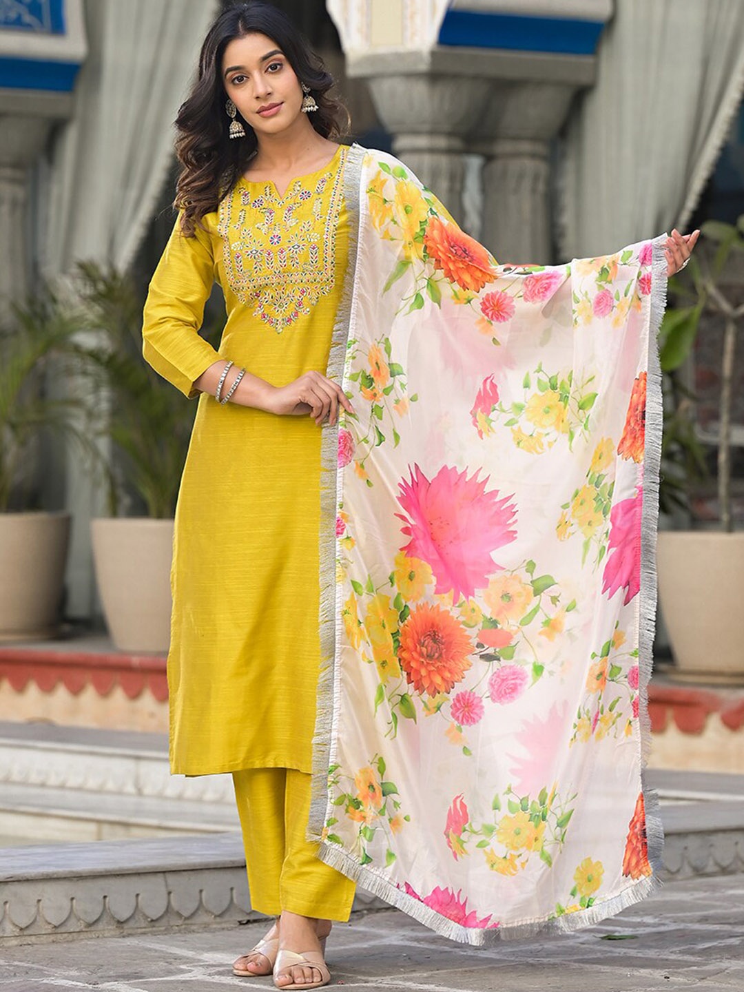 

Varanga Ethnic Motifs Yoke Design Regular Thread Work Kurta with Trousers & With Dupatta, Yellow