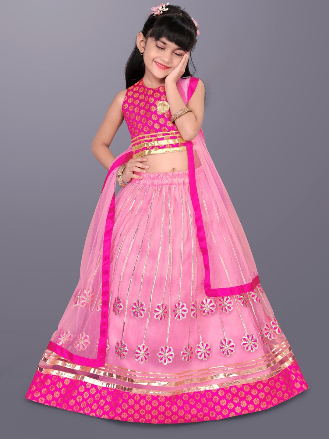

BAESD Girls Embroidered Ready to Wear Lehenga & Blouse With Dupatta, Pink