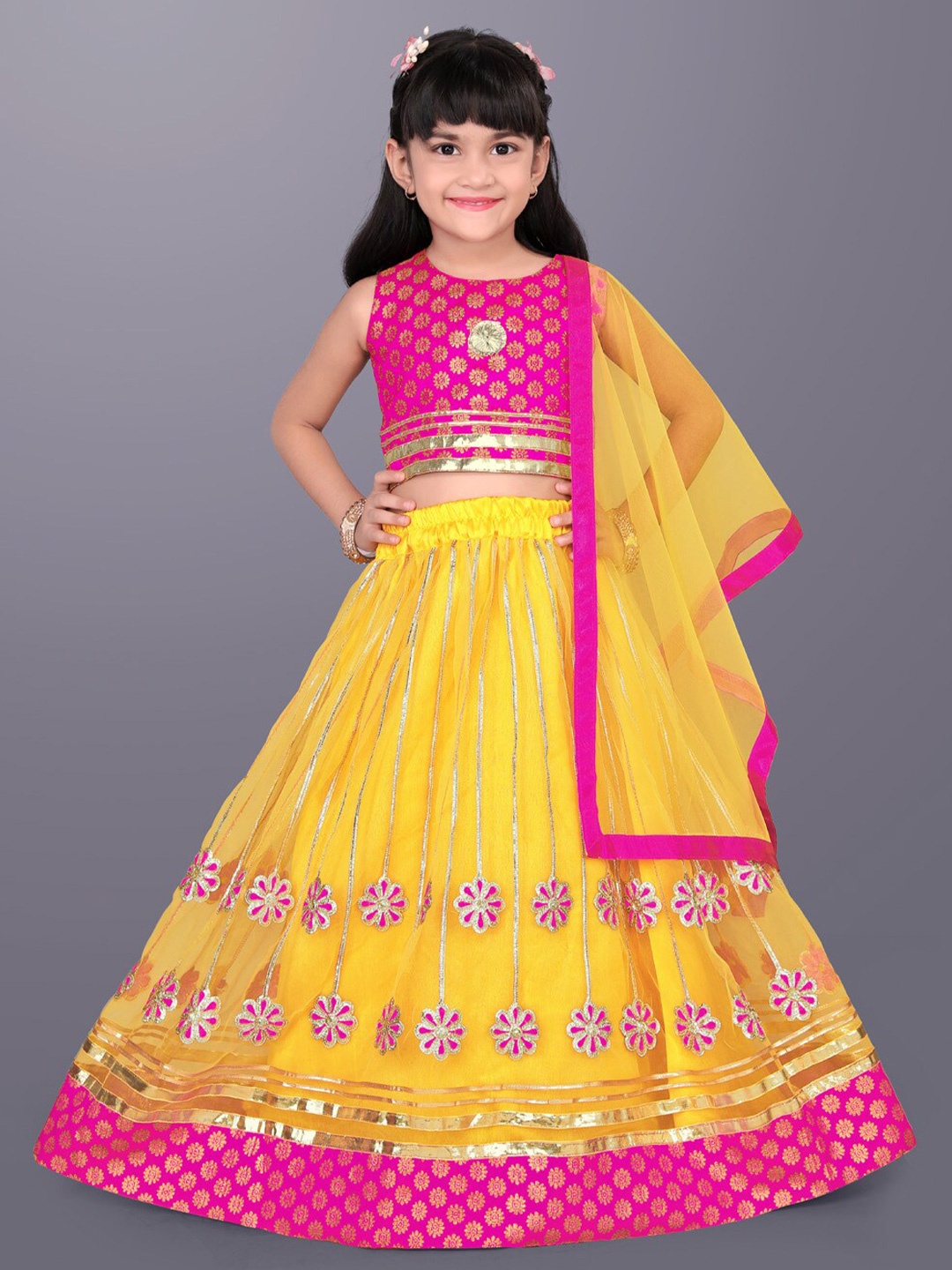 

BAESD Girls Kalamkari Woven Designed Ready to Wear Lehenga & Blouse With Dupatta, Yellow