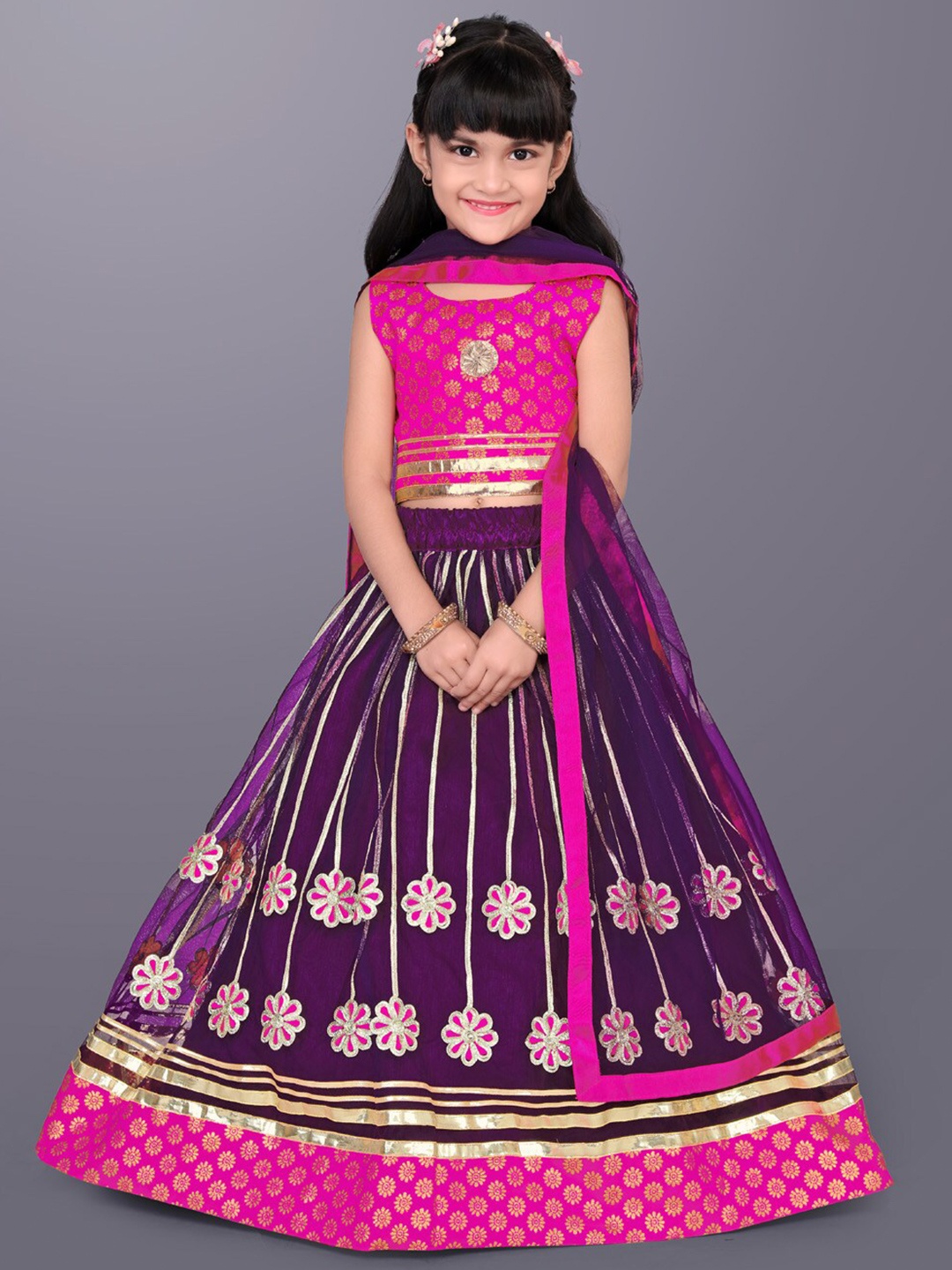 

BAESD Girls Kalamkari Woven Designed Ready to Wear Lehenga & Blouse With Dupatta, Magenta