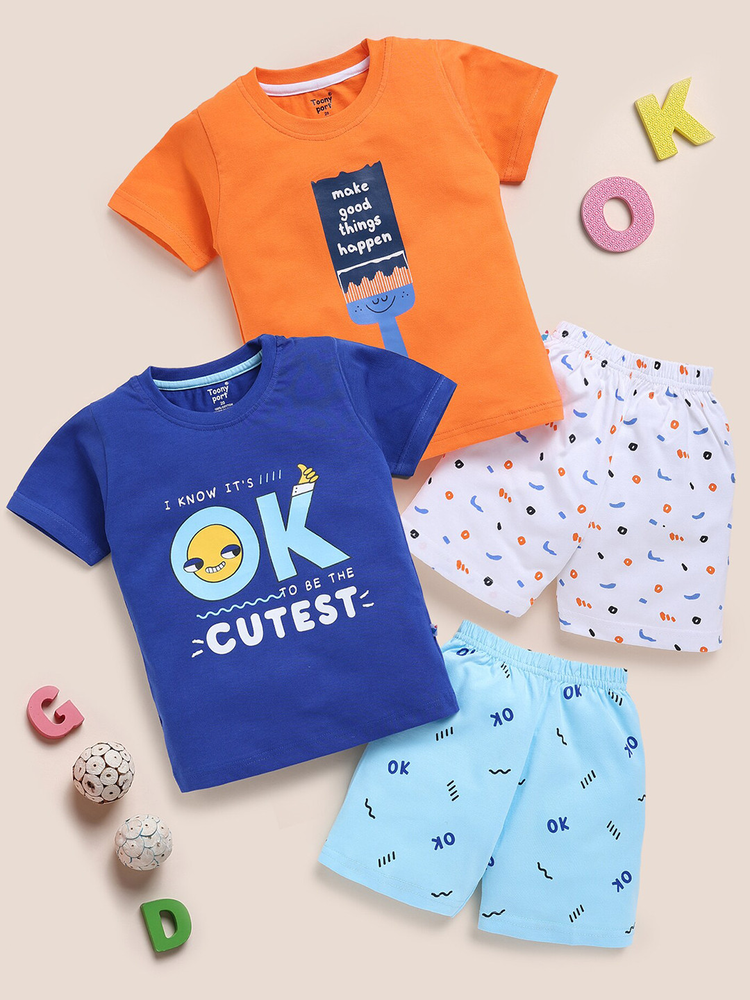 

Toonyport Pack Of 2 Boys Graphic Printed Pure Cotton T-shirt with Shorts, Orange