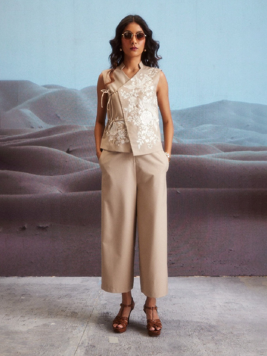 

DASH AND DOT CLOTHING LLP Embroidered Mandarin Collar Neck Waistcoat & Trouser Co-Ords, Khaki