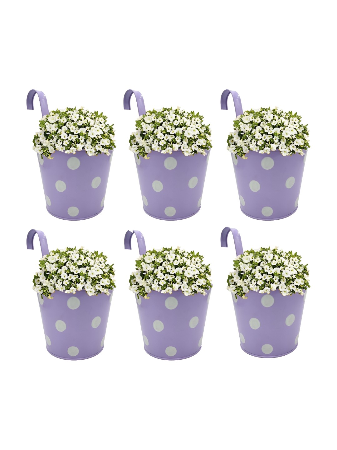

Garden Deco Purple & White 6 Pieces Polka Dots Printed Metal Planters With Holder