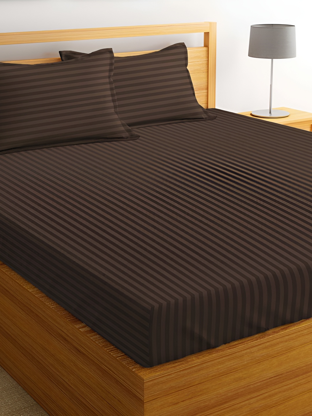 

bsb home Coffee Brown Striped Cotton 180 TC Queen Bedsheet with 2 Pillow Covers