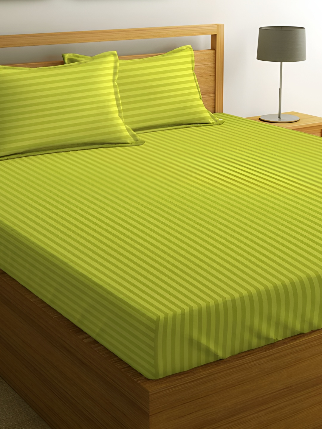 

bsb home Lime Green Striped Microfiber 180 TC Queen Bedsheet with 2 Pillow Covers