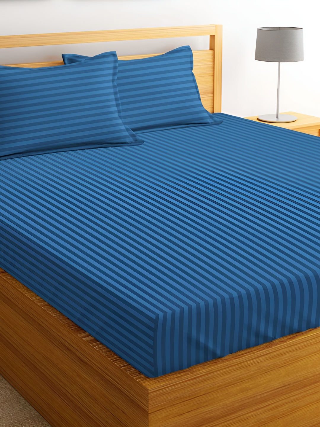 

bsb home Navy Blue Striped Cotton 180 TC Queen Bedsheet with 2 Pillow Covers
