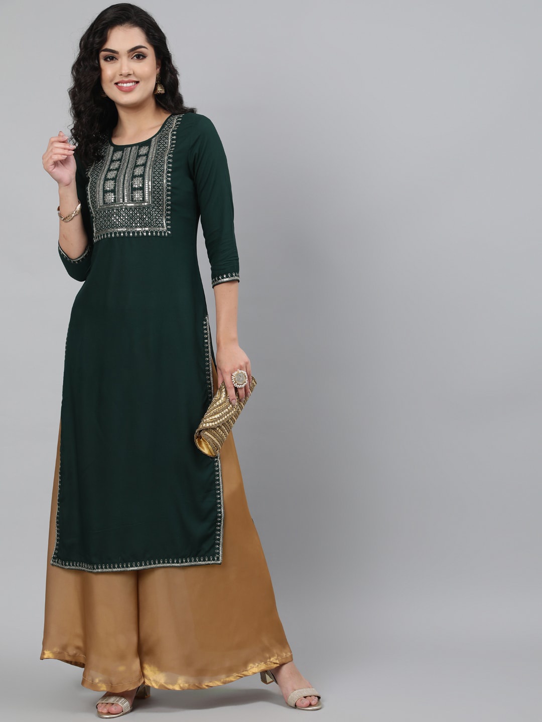 

GULMOHAR JAIPUR Ethnic Motifs Printed Thread Work Straight Kurta, Green