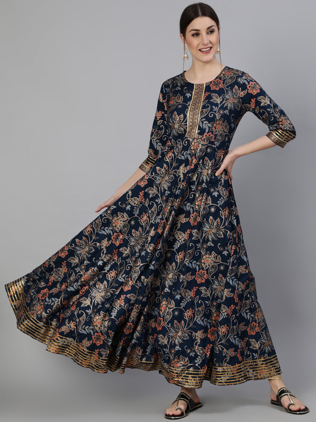 

GULMOHAR JAIPUR Ethnic Motifs Printed Gotta Patti Anarkali Kurta, Navy blue