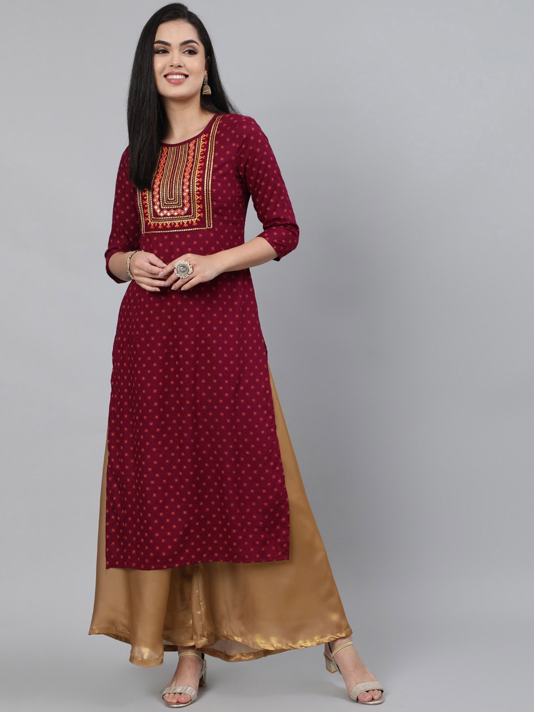 

GULMOHAR JAIPUR Ethnic Motifs Printed Thread Work Straight Kurta, Maroon