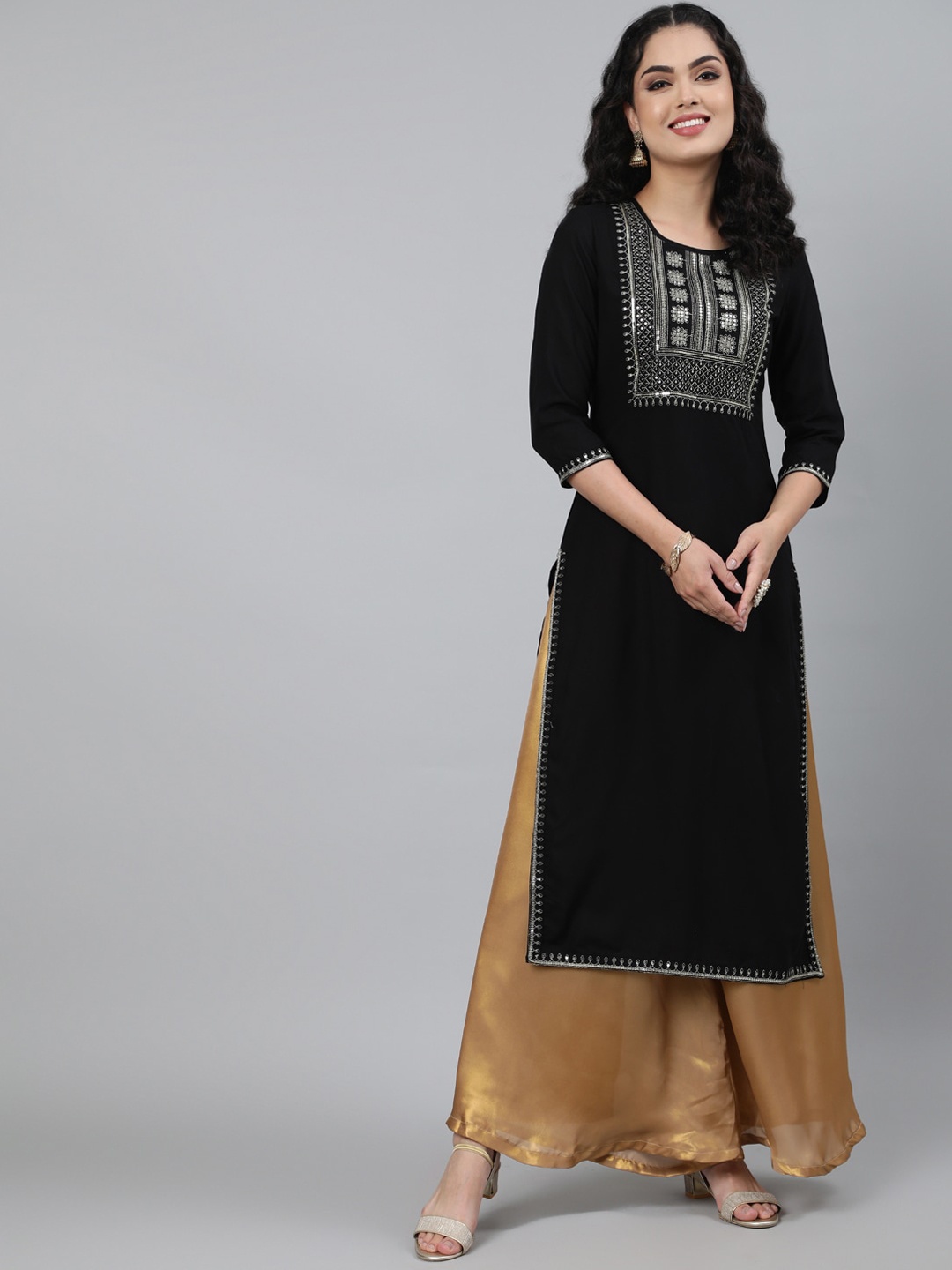 

GULMOHAR JAIPUR Floral Yoke Designed Round Neck Sequined Straight Kurta, Black