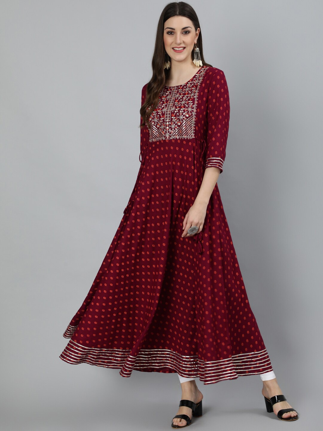 

GULMOHAR JAIPUR Ethnic Motifs Printed Mirror Work Anarkali Kurta, Burgundy