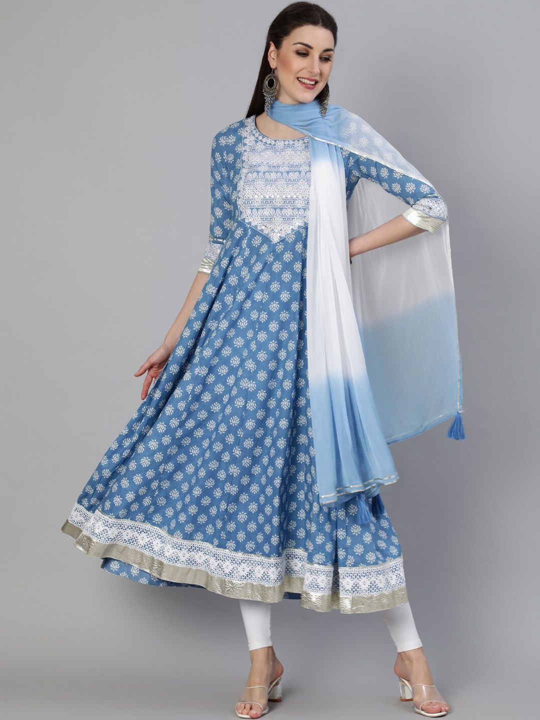 

GULMOHAR JAIPUR Ethnic Motifs Printed Mirror Work Anarkali Kurta & Trousers With Dupatta, Blue