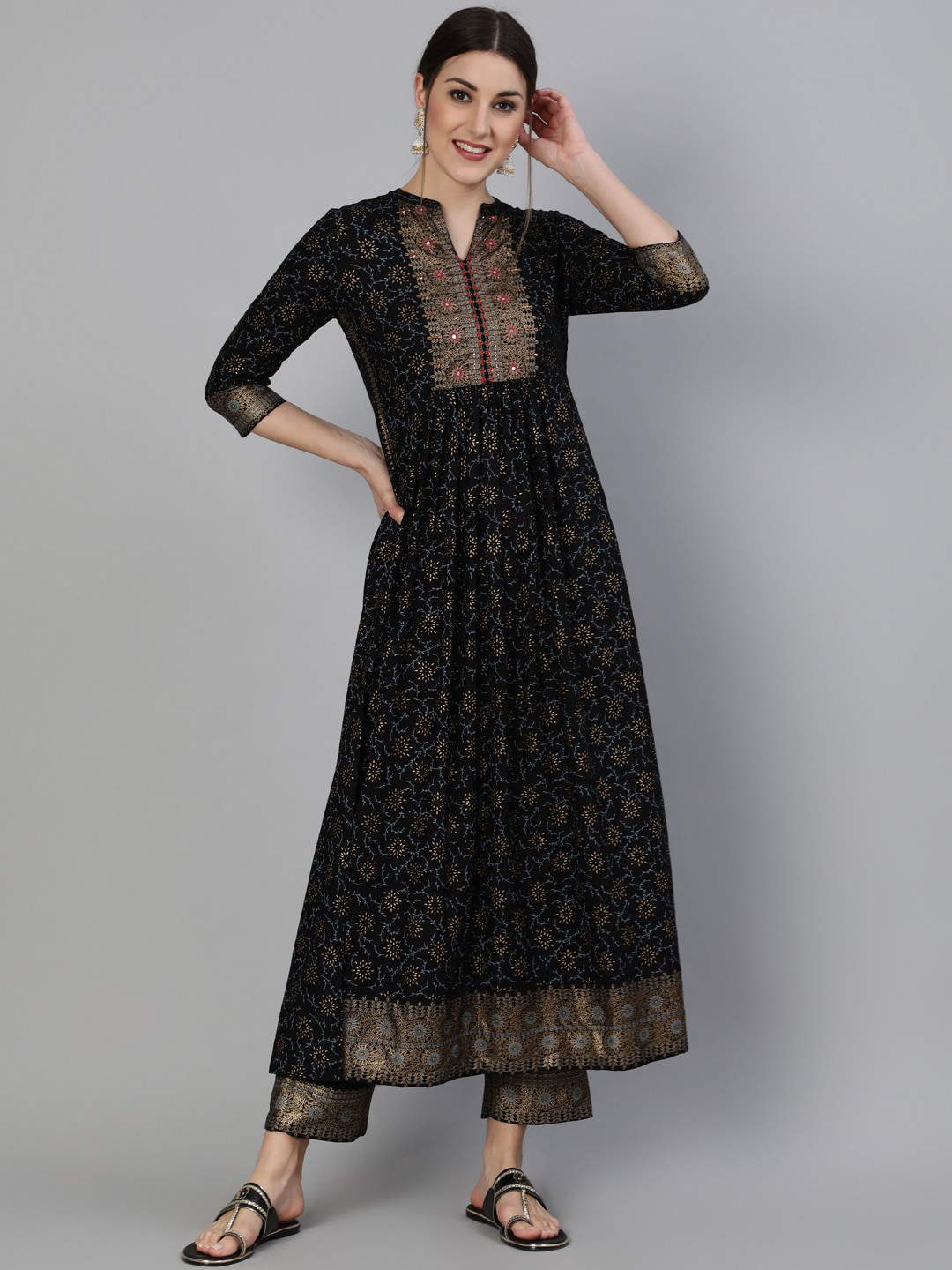 

GULMOHAR JAIPUR Floral Foil Printed Mandarin Collar A-Line Kurta with Trousers, Black