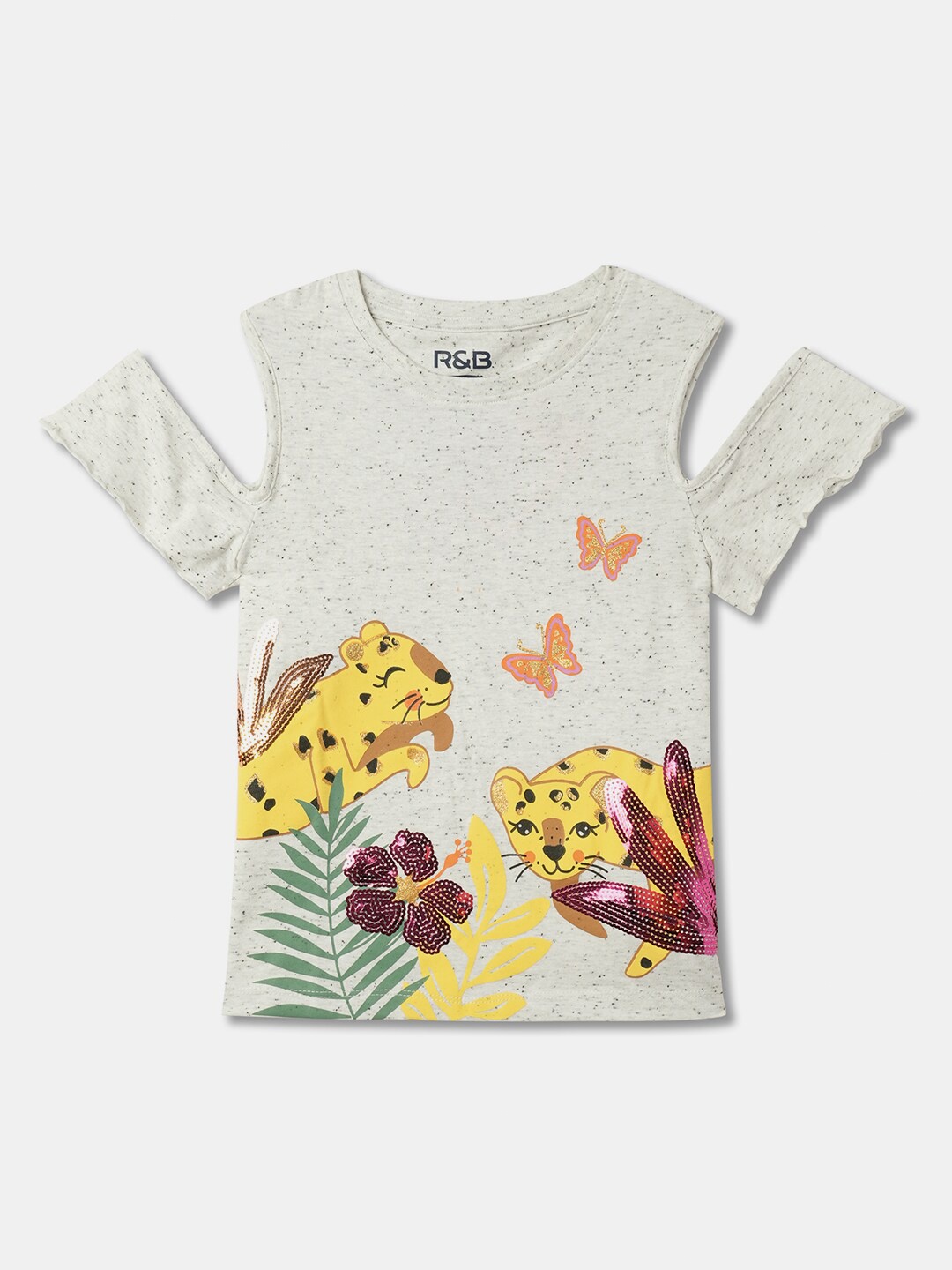 

R&B Girls Conversational Print Cold-Shoulder Cotton Top, Grey