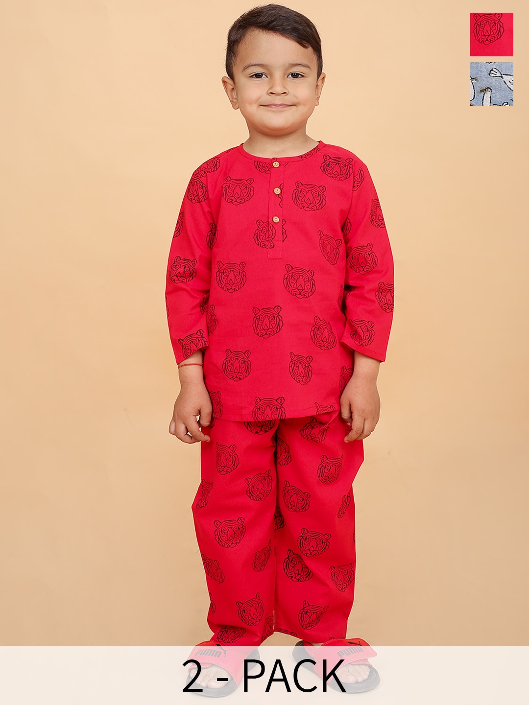 

BAESD Boys Pack Of 2 Conversational Printed Pure Cotton Night Suits, Red