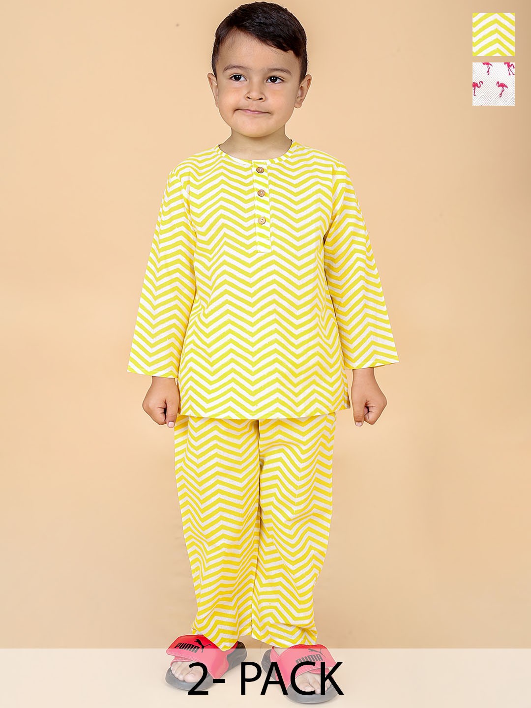 

BAESD Boys Pack Of 2 Geometric Printed Pure Cotton Night Suits, Yellow