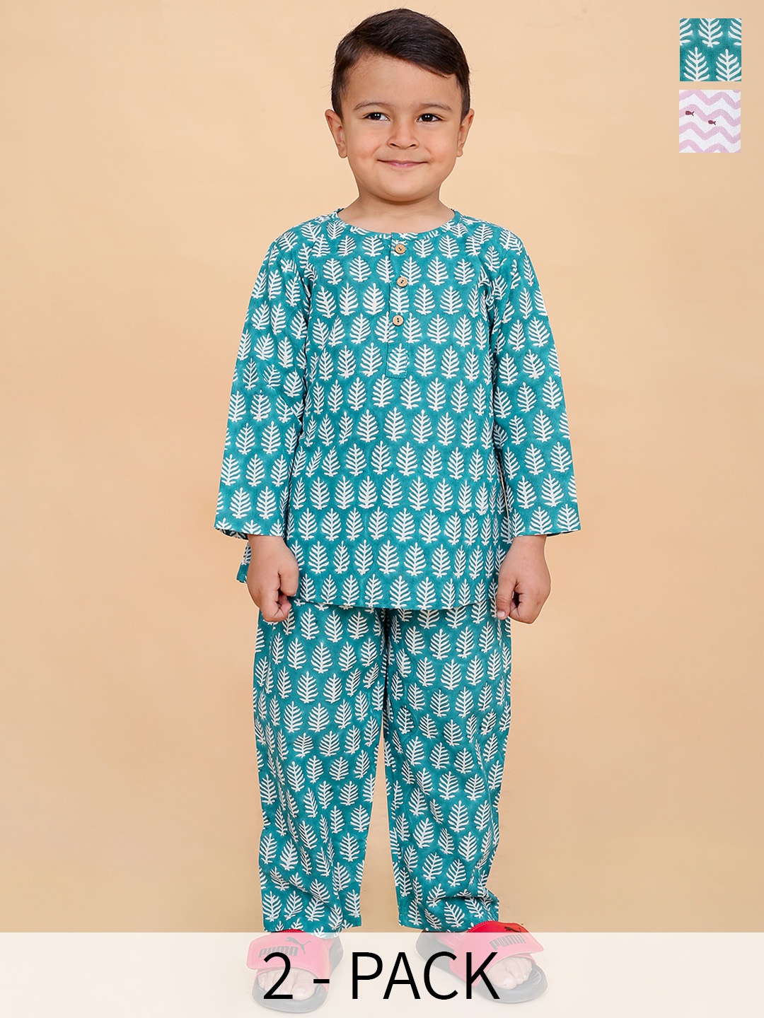 

BAESD Boys Pack Of 2 Ethnic Motifs Printed Pure Cotton Night Suits, Blue