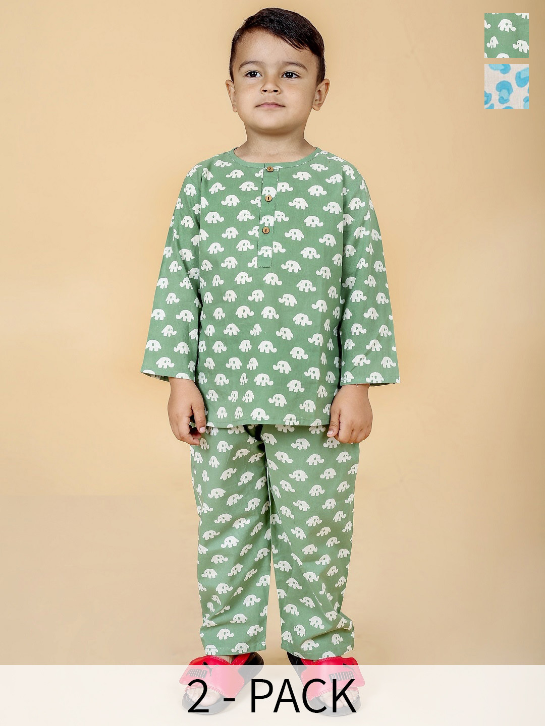 

BAESD Boys Pack Of 2 Conversational Printed Pure Cotton Night Suits, Green