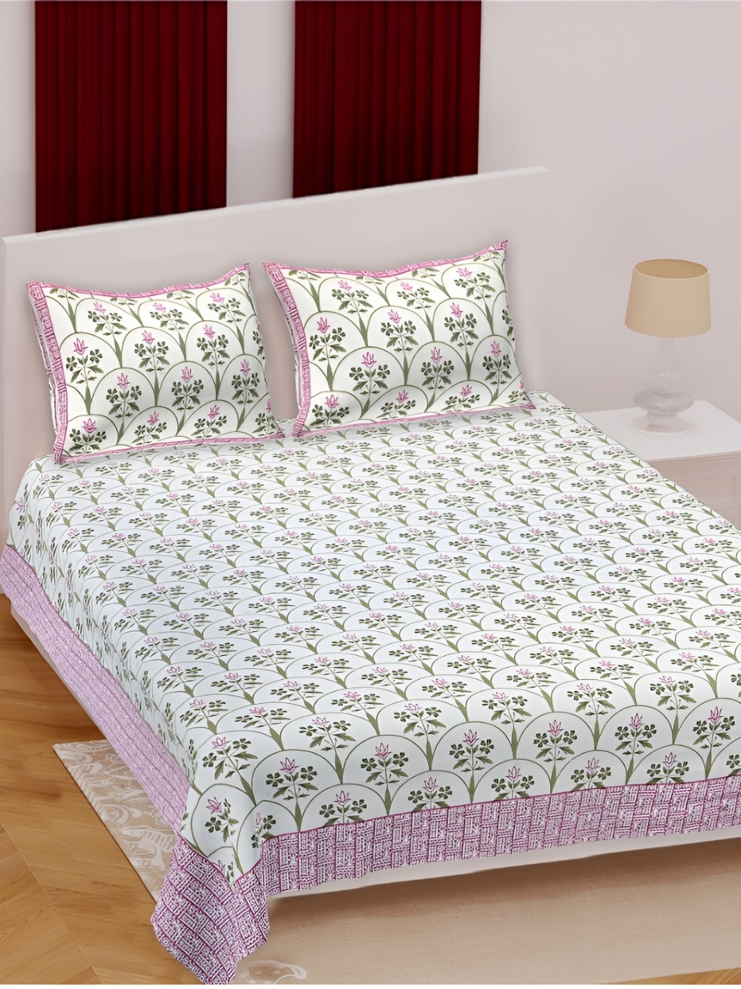 

INDHOME LIFE Green & White Floral Cotton 180 TC Queen Bedsheet With 2 Pillow Covers