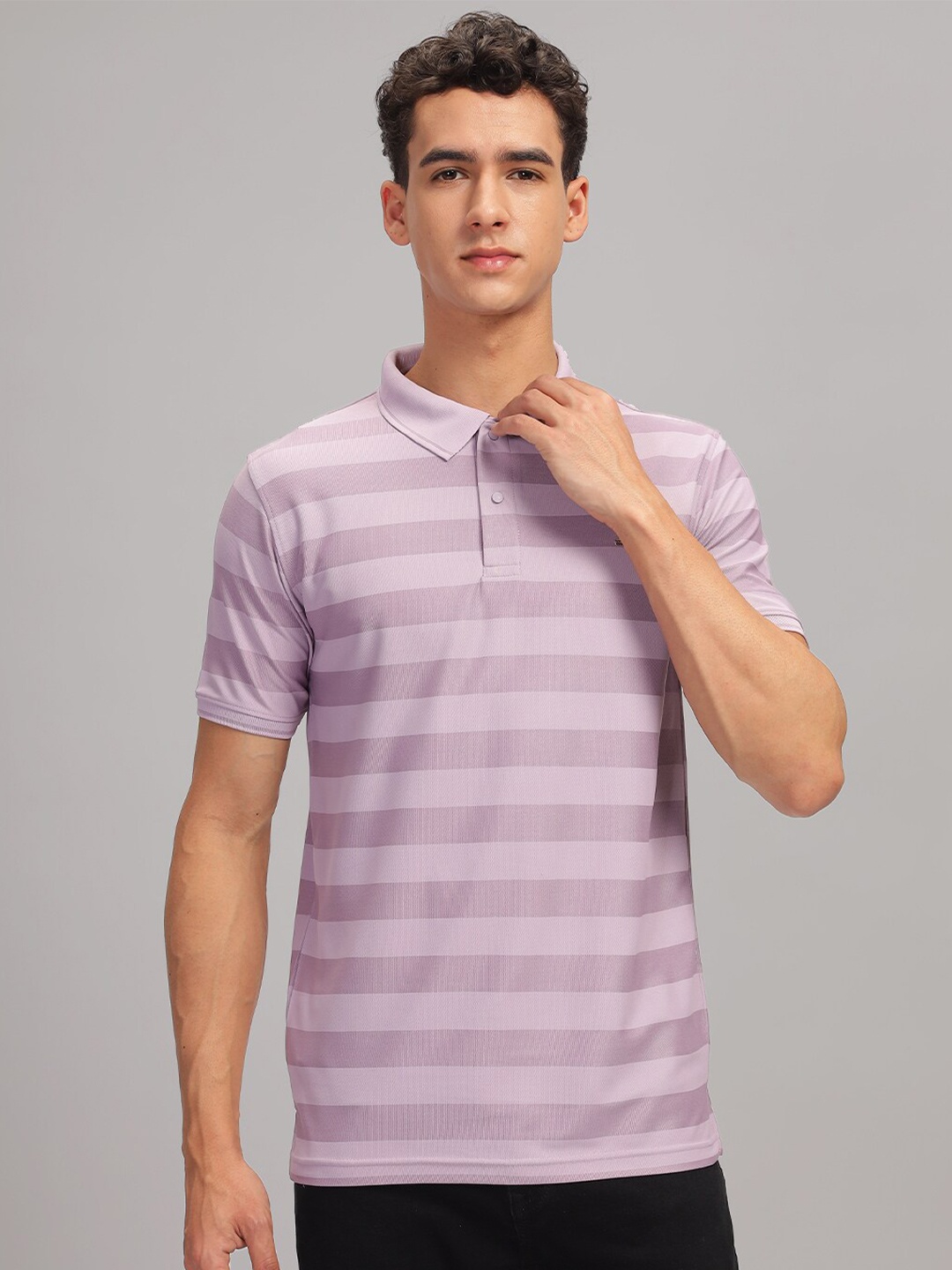 

Parcel Yard Striped Polo Collar Cotton T-shirt, Purple