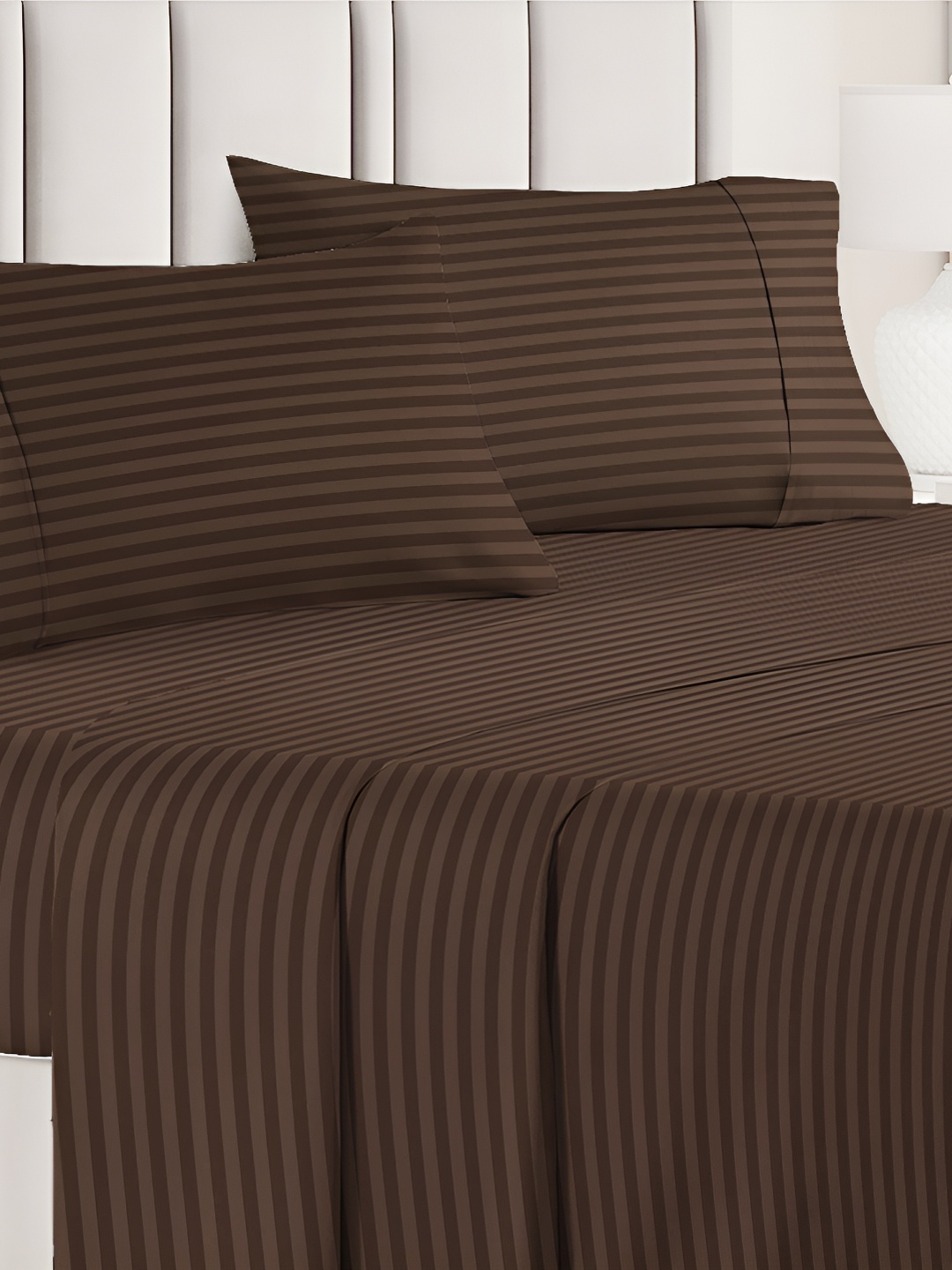 

bsb home Coffee Brown Striped 180 TC Queen Bedsheet with 2 Pillow Covers