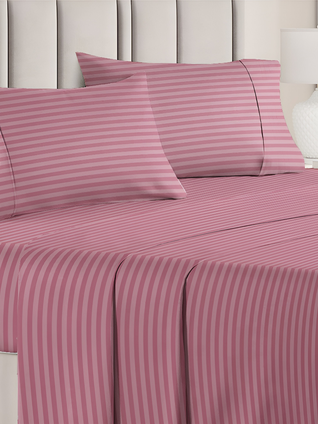 

bsb home Pink Striped Microfiber 180 TC Queen Bedsheet with 2 Pillow Covers