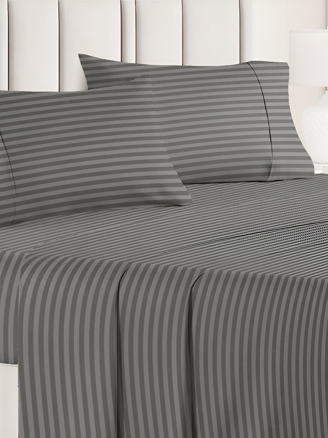 

bsb home Grey Striped Microfiber 180 TC Queen Bedsheet with 2 Pillow Covers