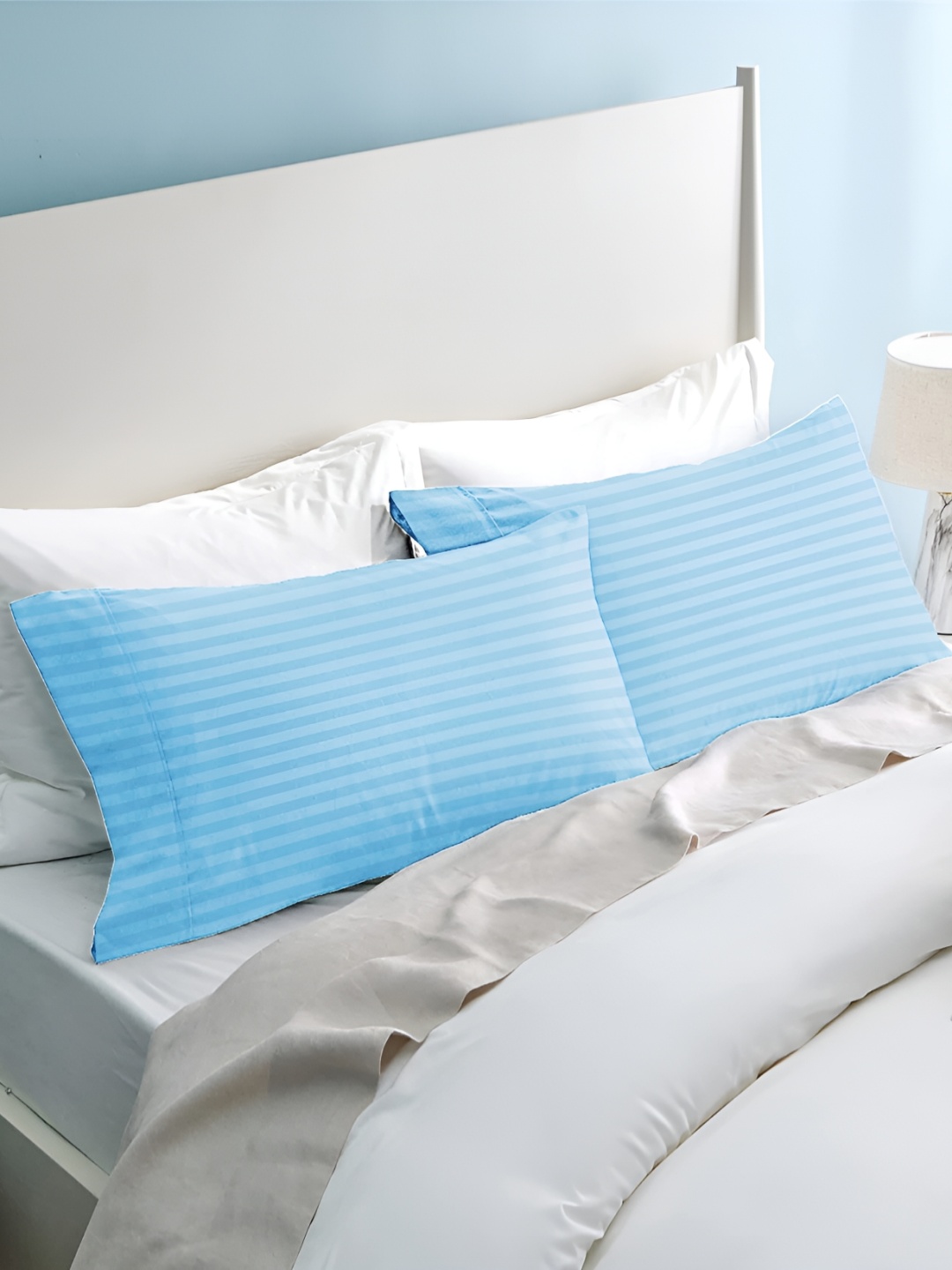 

bsb home Blue Striped Microfiber 180 TC Queen Bedsheet with 2 Pillow Covers