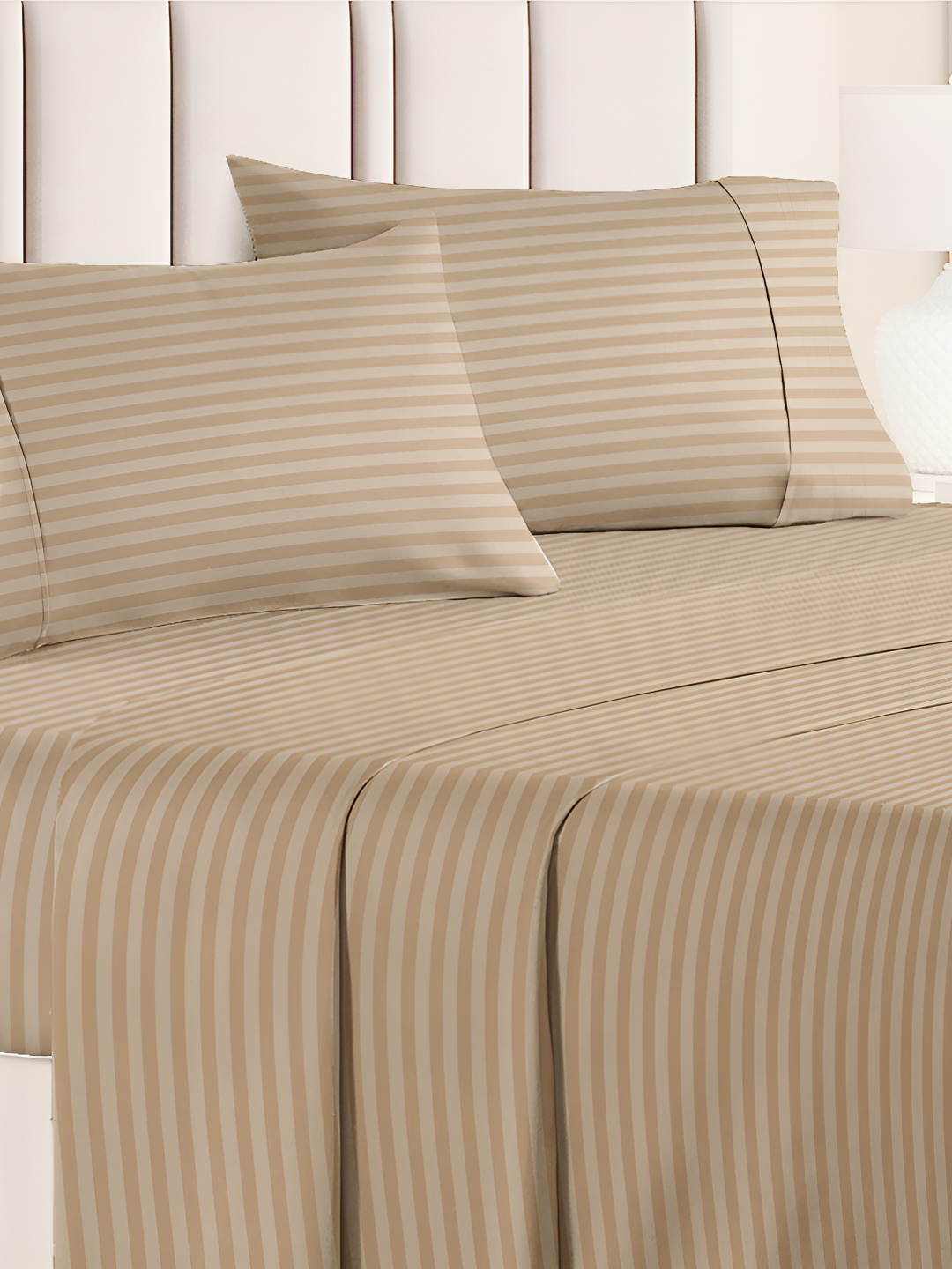 

bsb home Beige Striped Microfiber 180 TC Queen Bedsheet with 2 Pillow Covers