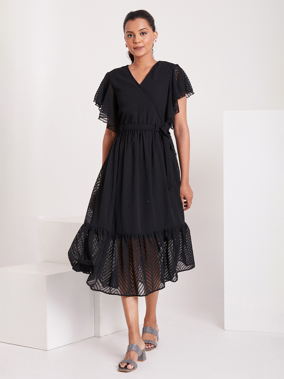 

FLOWERVELLY Self Designed Flutter Sleeve Georgette Wrap Midi Dress, Black