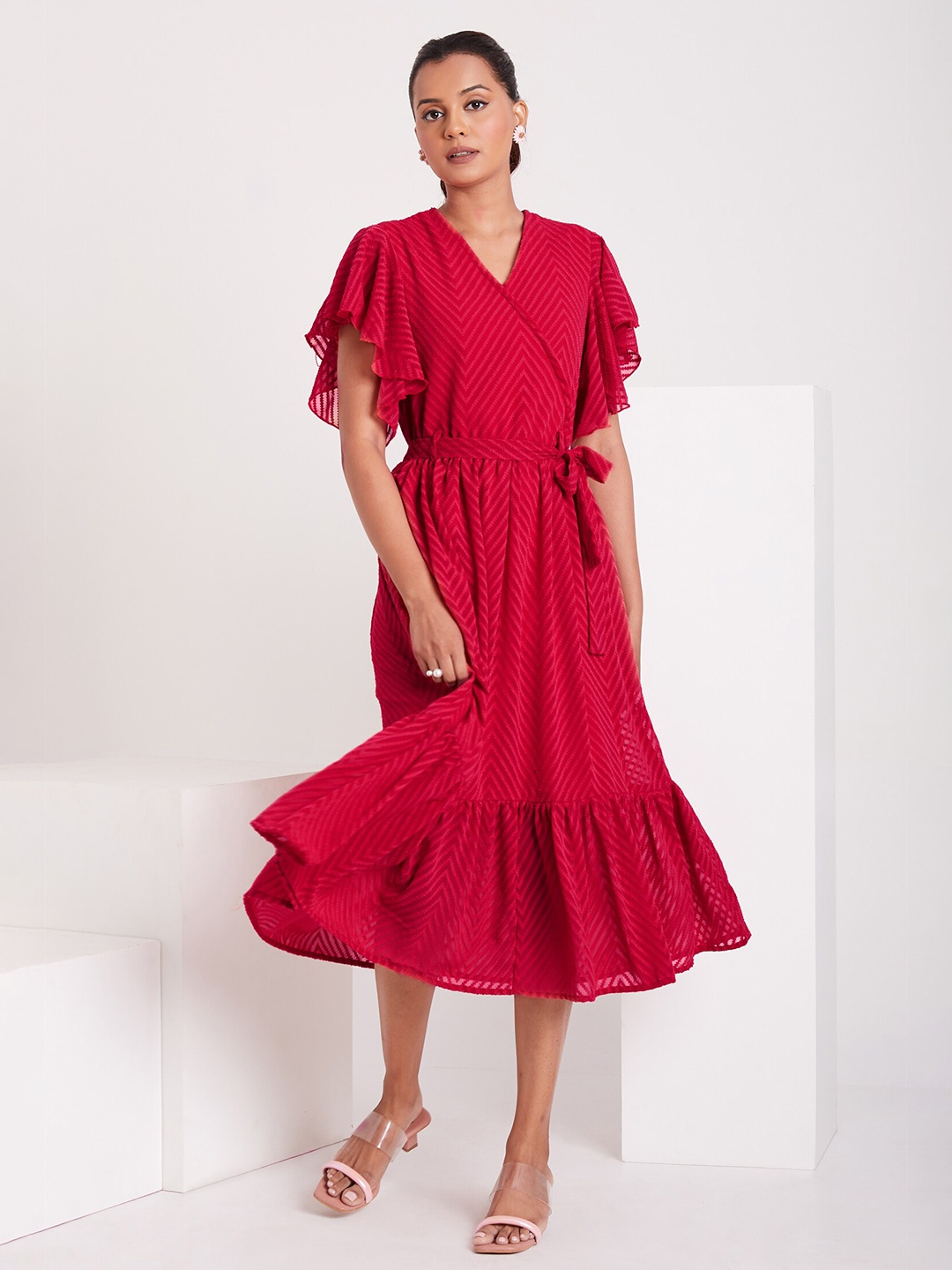 

FLOWERVELLY Self Designed Flutter Sleeve Georgette Wrap Midi Dress, Red