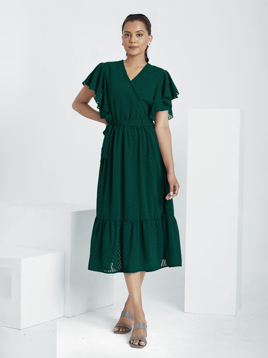 

FLOWERVELLY Self Designed Flutter Sleeve Georgette Wrap Midi Dress, Green