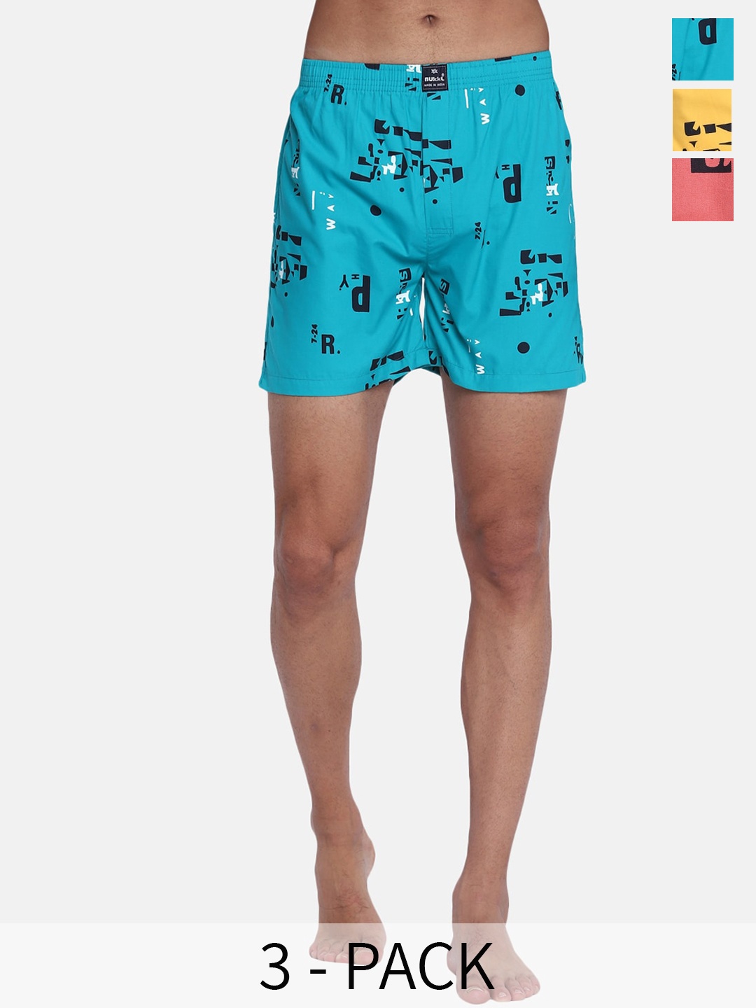 

Bukkl Pack Of 3 Printed Cotton Breathable Boxers- LAFFER-11, Blue
