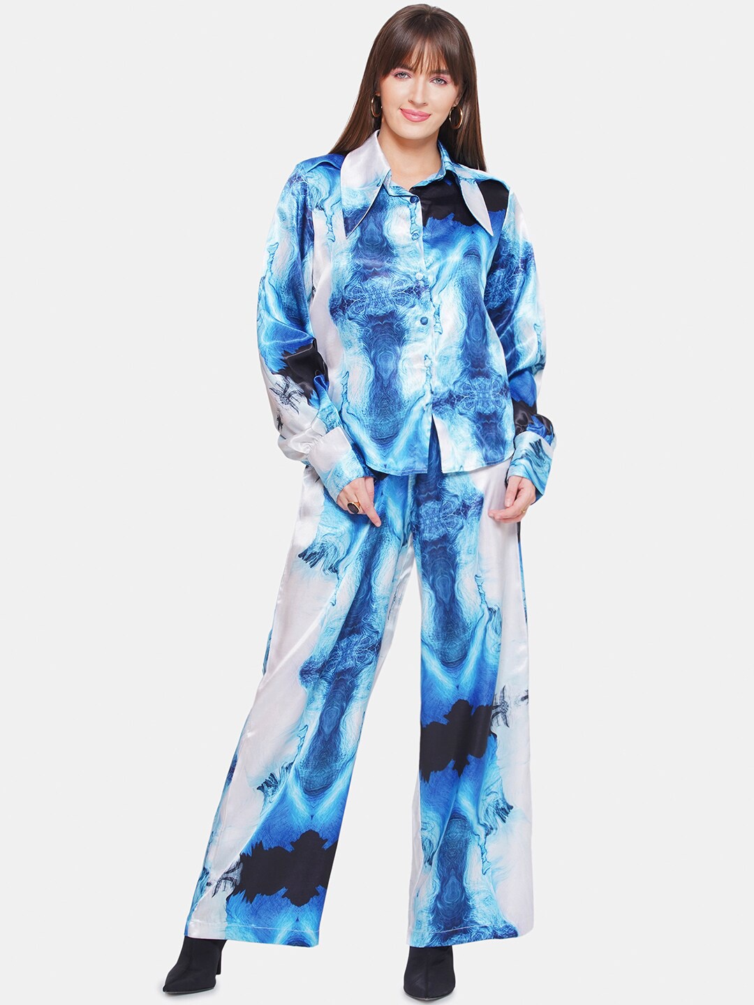 

CIN CIN Abstract Printed Satin Shirt With Trousers, Blue