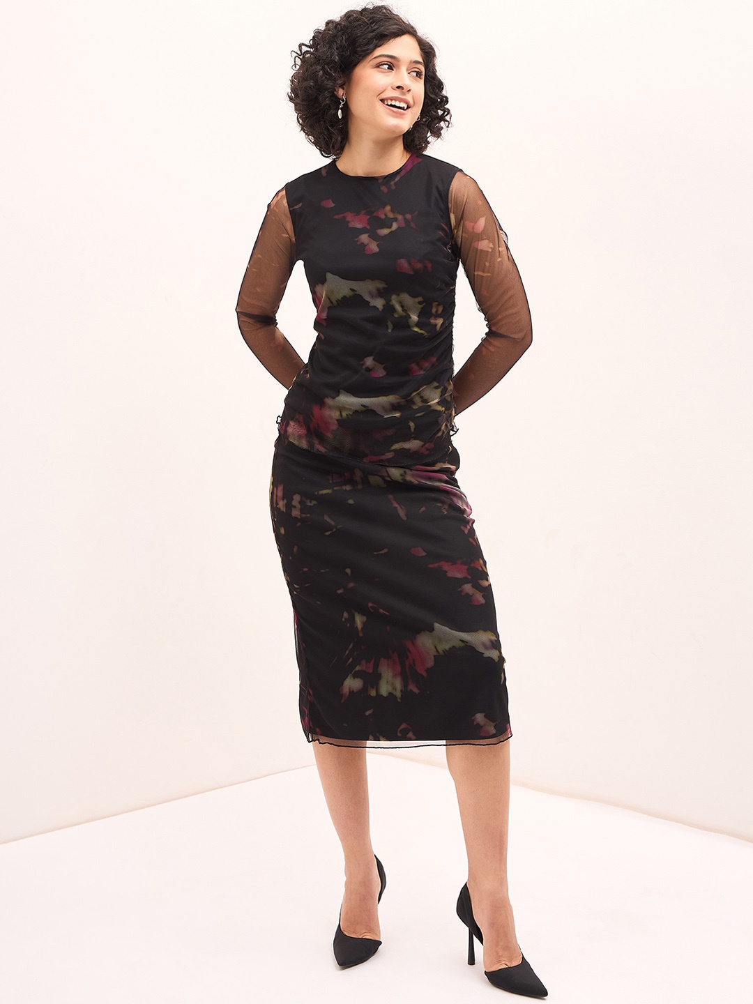 

SALT ATTIRE Abstract Printed Round Neck Top With Pencil Skirt, Black