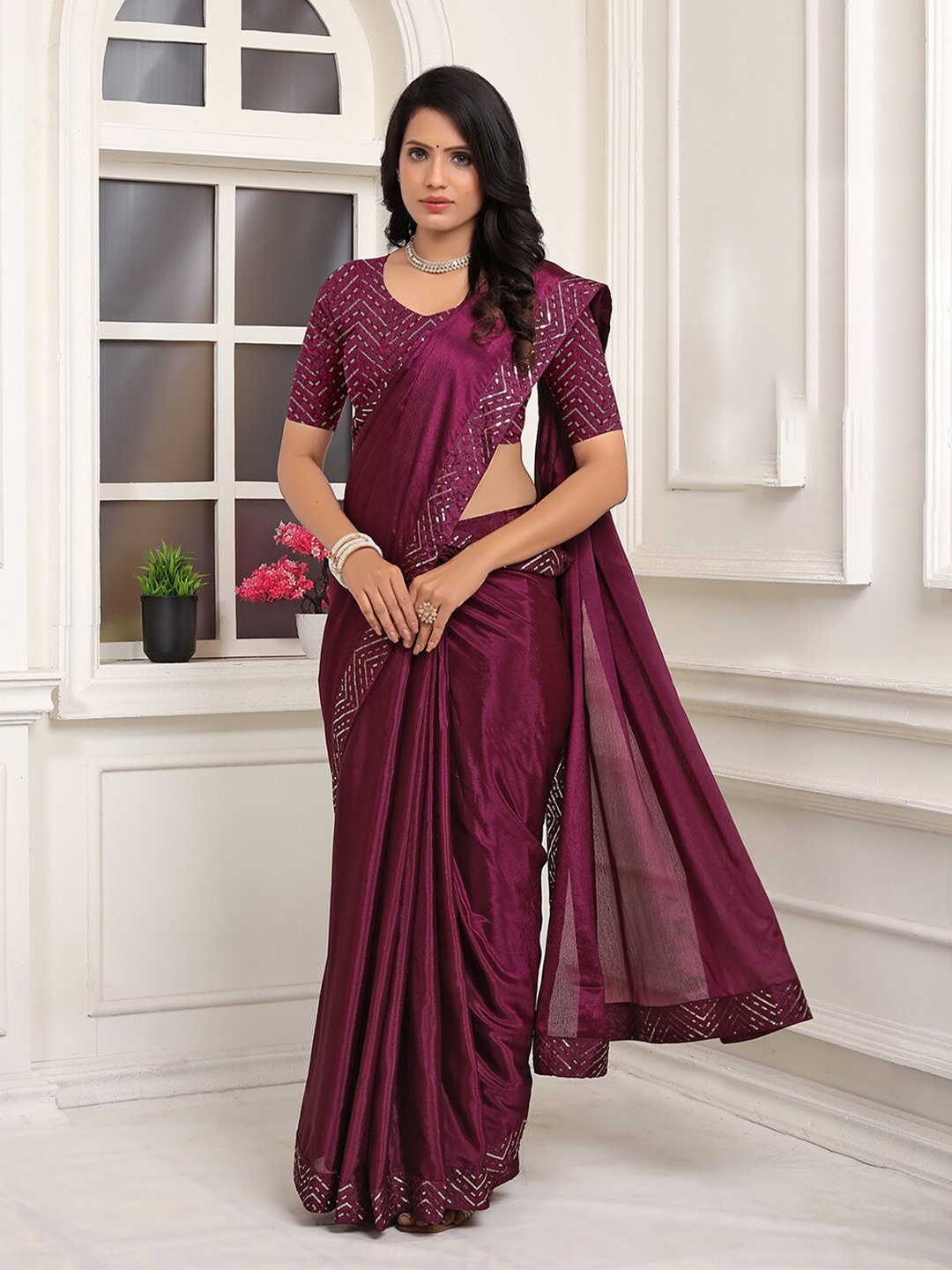 

Pionex Embellished Pure Chiffon Ready to Wear Saree, Purple