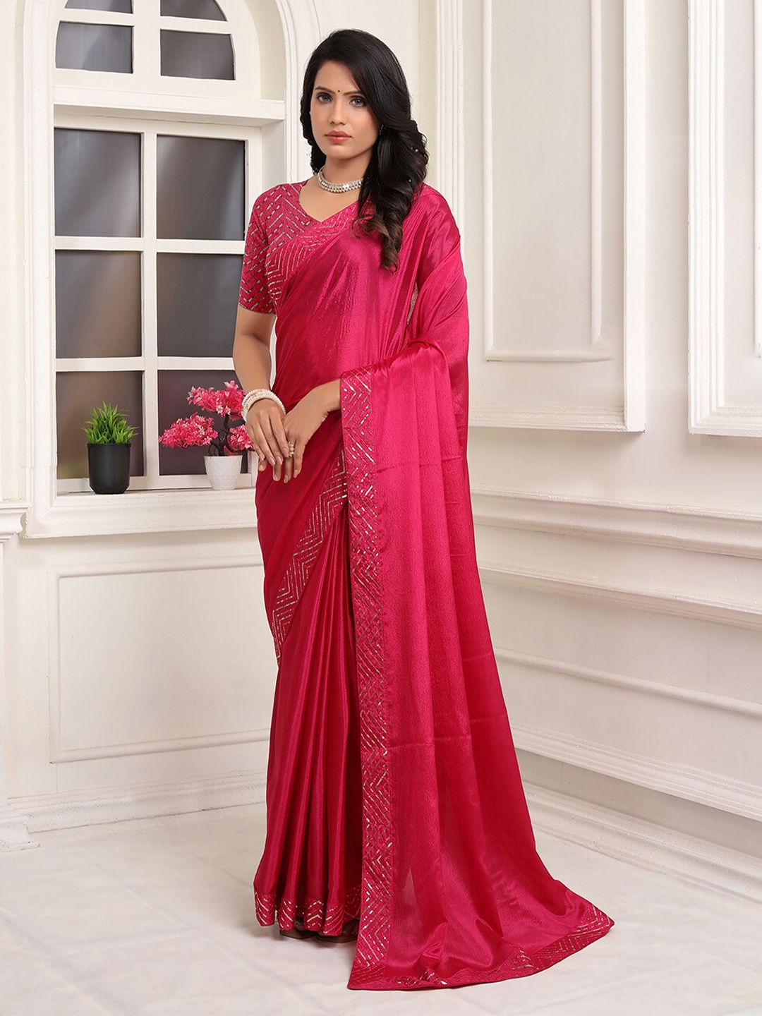 

Pionex Embellished Pure Chiffon Ready to Wear Saree, Pink