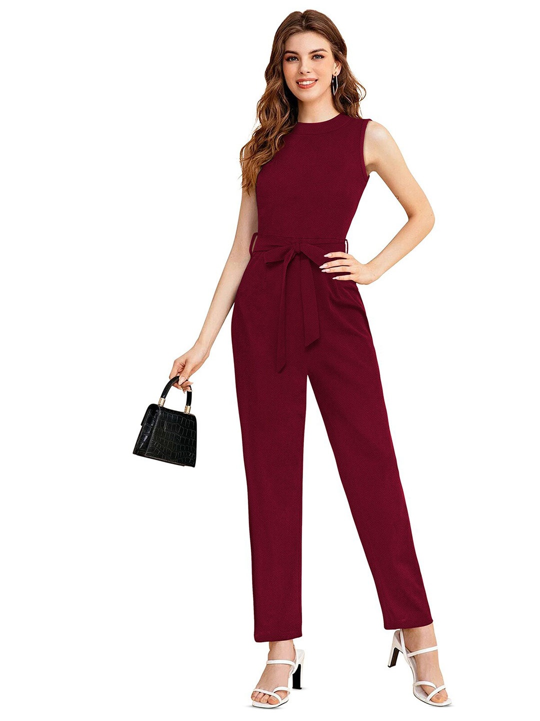 

ODETTE Round Neck Acrylic Basic Jumpsuit, Maroon
