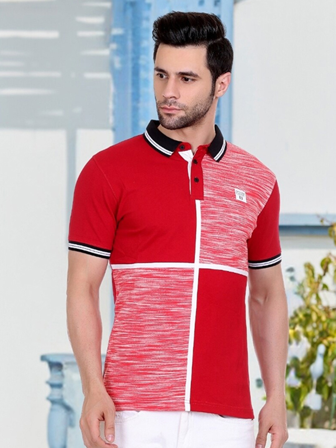 

AXMANN Geometric Printed Polo Collar Cotton Casual T-shirt, Red