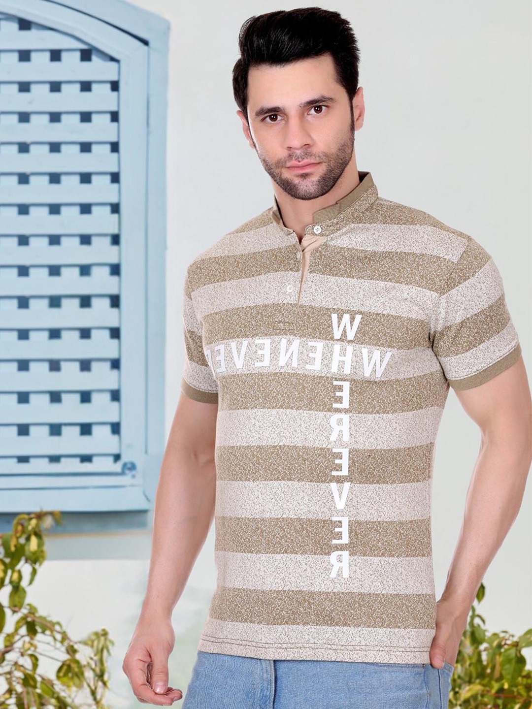 

AXMANN Striped Mandarin Collar Cotton Casual T-shirt, Beige