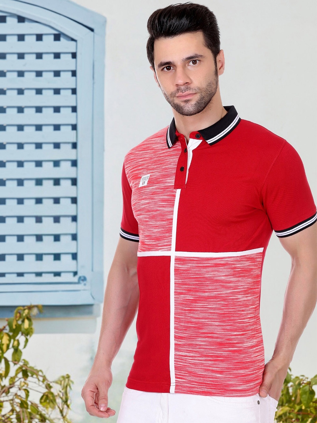 

AXMANN Geometric Printed Polo Collar Cotton Casual T-shirt, Red