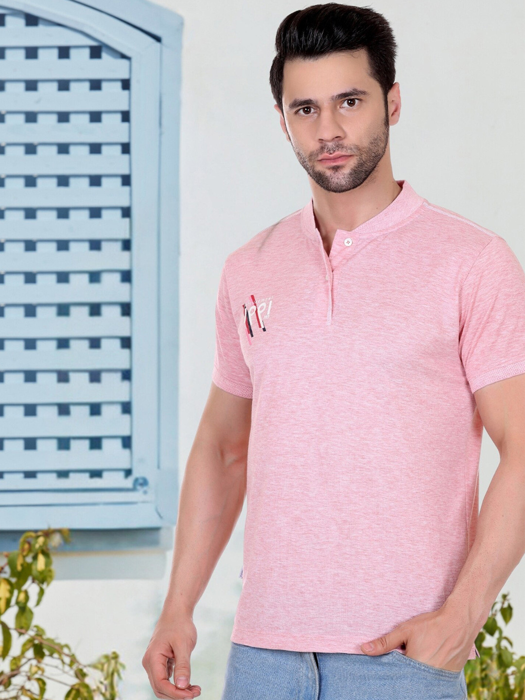 

AXMANN Henley Neck Cotton Casual T-shirt, Pink