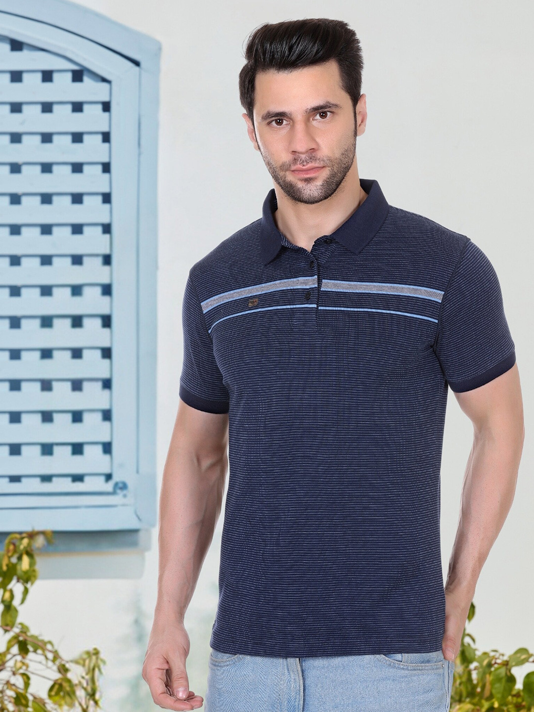 

AXMANN Striped Polo Collar Cotton T-shirt, Navy blue