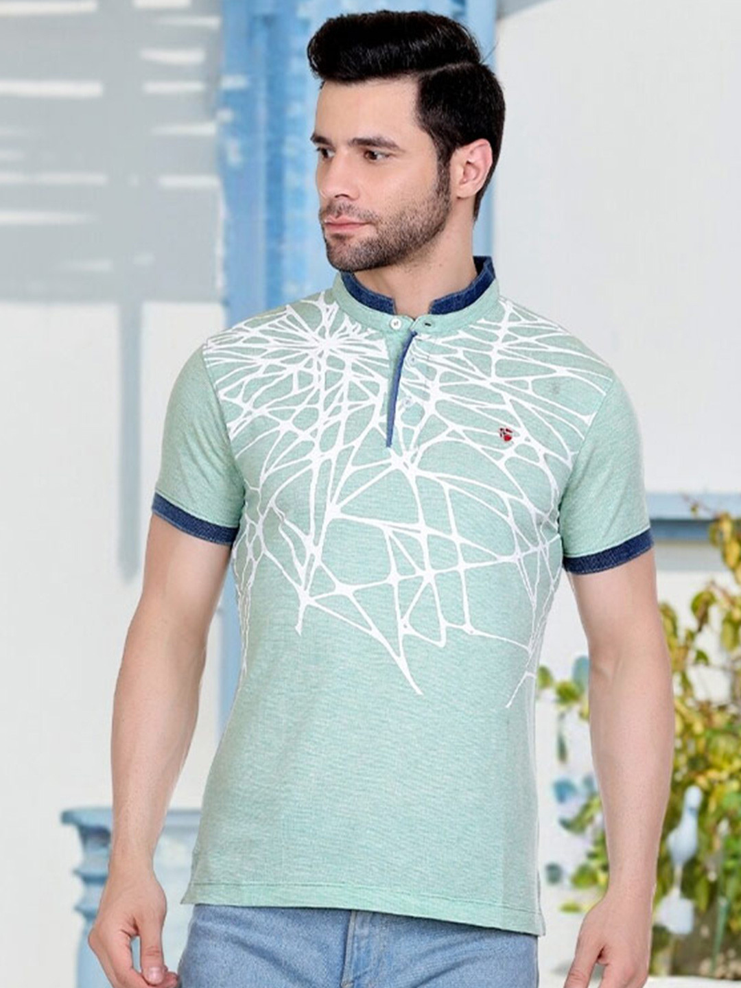 

AXMANN Abstract Printed Mandarin Collar Cotton Casual T-shirt, Green