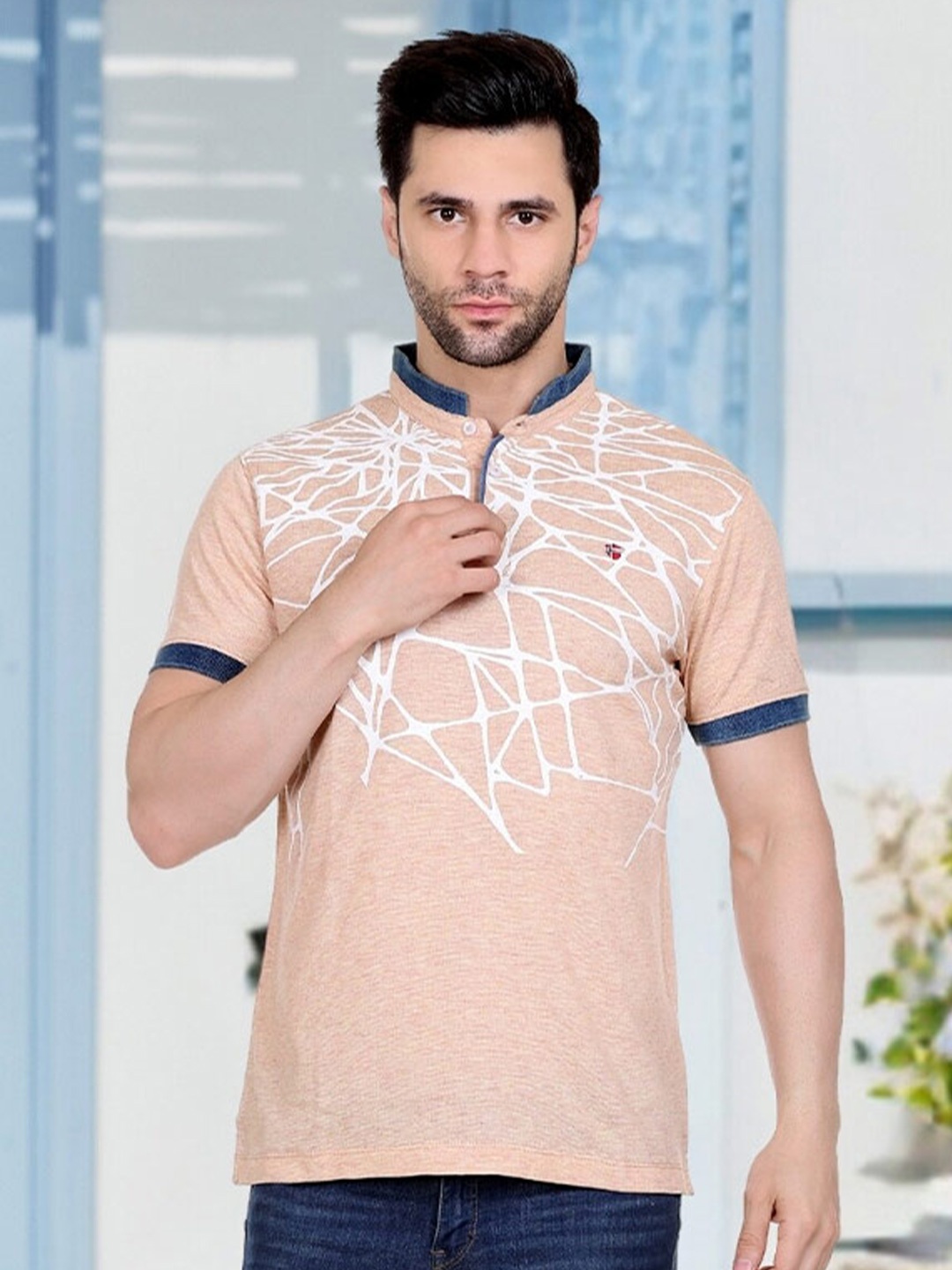 

AXMANN Abstract Printed Mandarin Collar Cotton Casual T-shirt, Peach