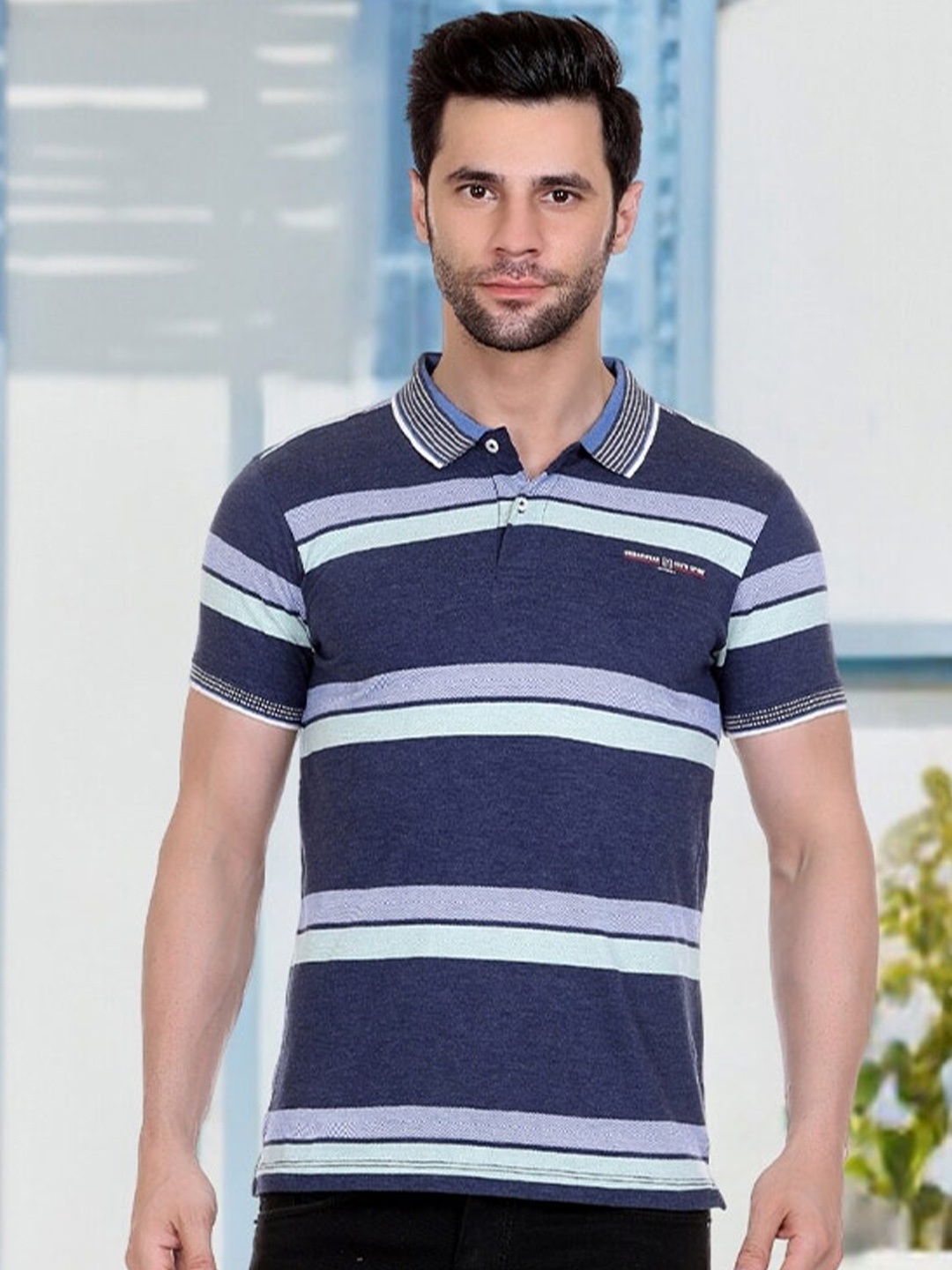 

AXMANN Striped Polo Collar Cotton T-shirt, Navy blue