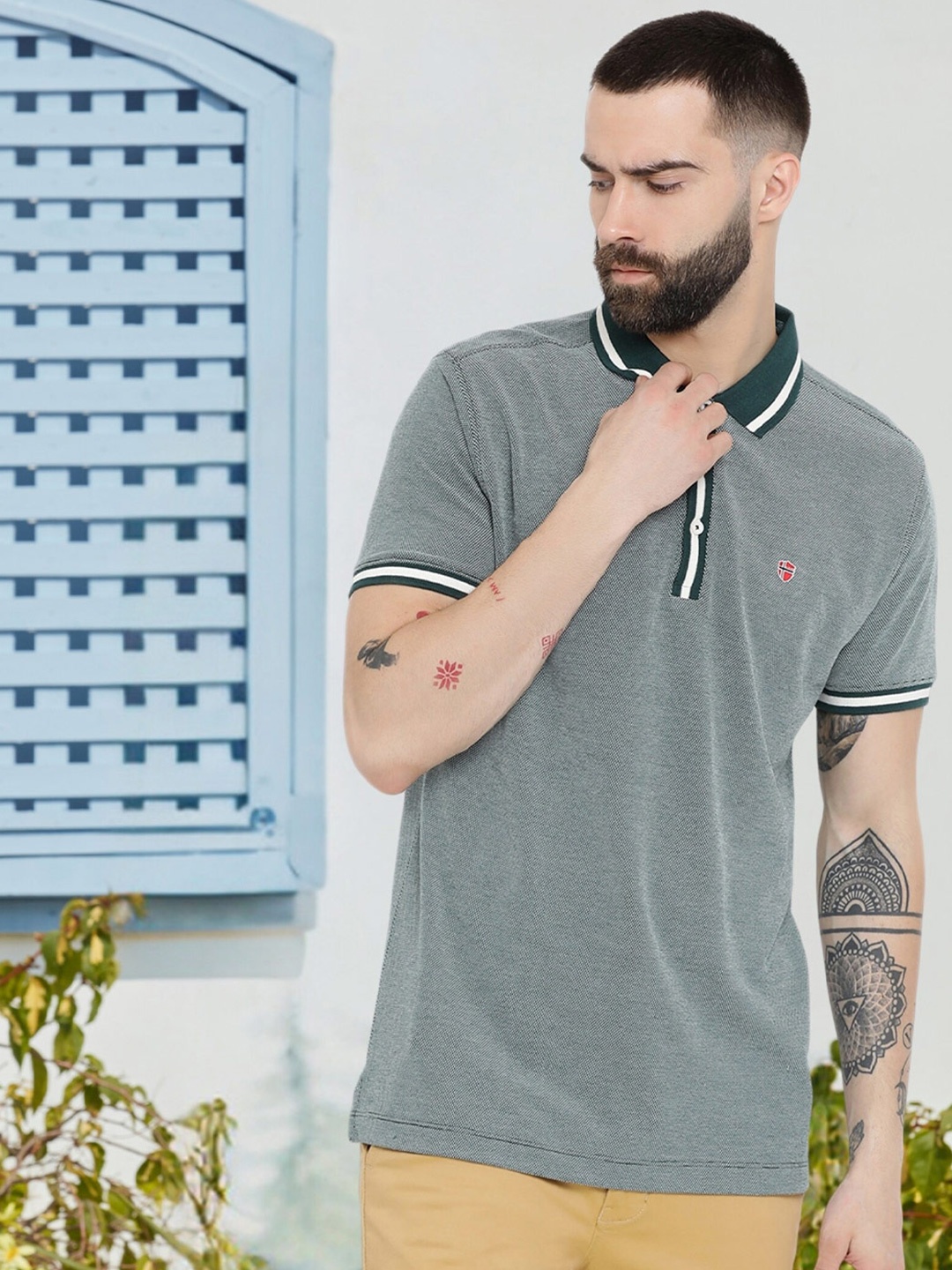 

AXMANN Self Design Polo Collar Cotton T-shirt, Green