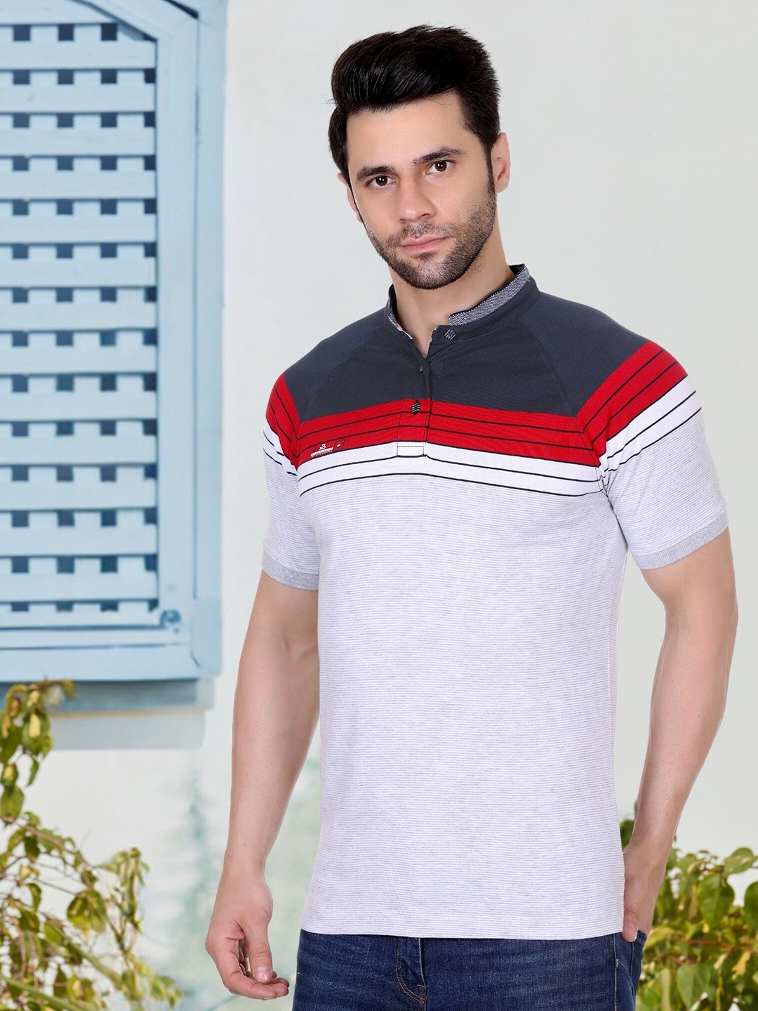 

AXMANN Striped Mandarin Collar Cotton T-shirt, White