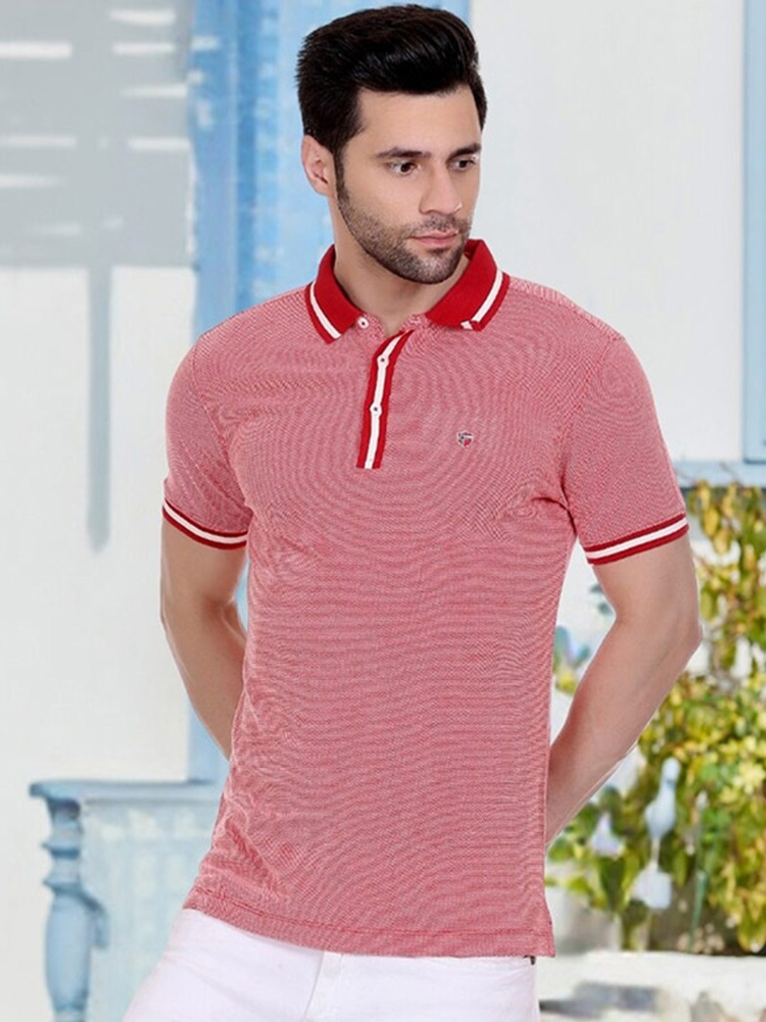 

AXMANN Self Design Polo Collar Cotton T-shirt, Orange